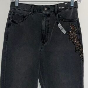 EXPRESS STRETCH GREY SLIM HIGH RISE GLASS RHINESTONE APPLIQUÉ JEANS 10x26 NWT